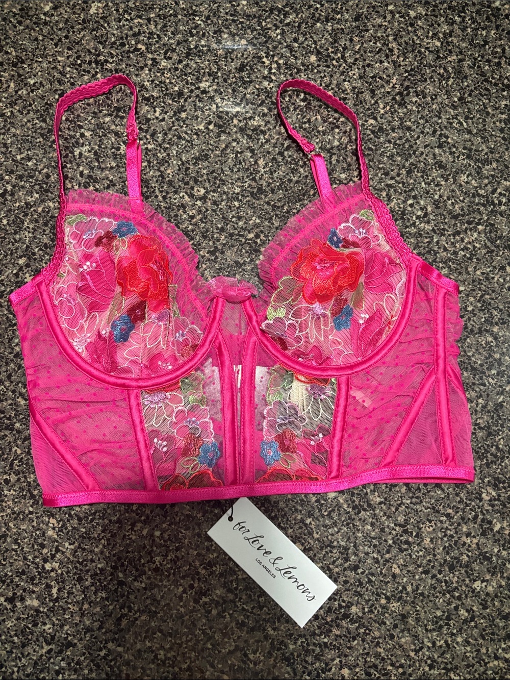 For Love And Lemons Bright Hot Pink Floral Embroidered Longline Bra